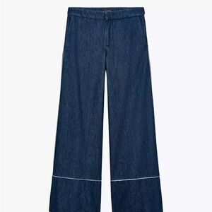Chic Dark Blue Wide-Leg white piping pants, Large, BN